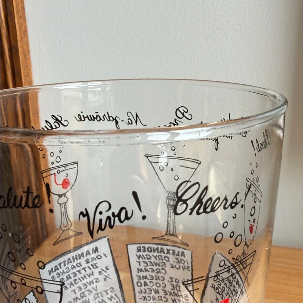 Vintage MCM Cocktail Recipe Mixing Glass Multi-Language Cheers Barware (No Lid)